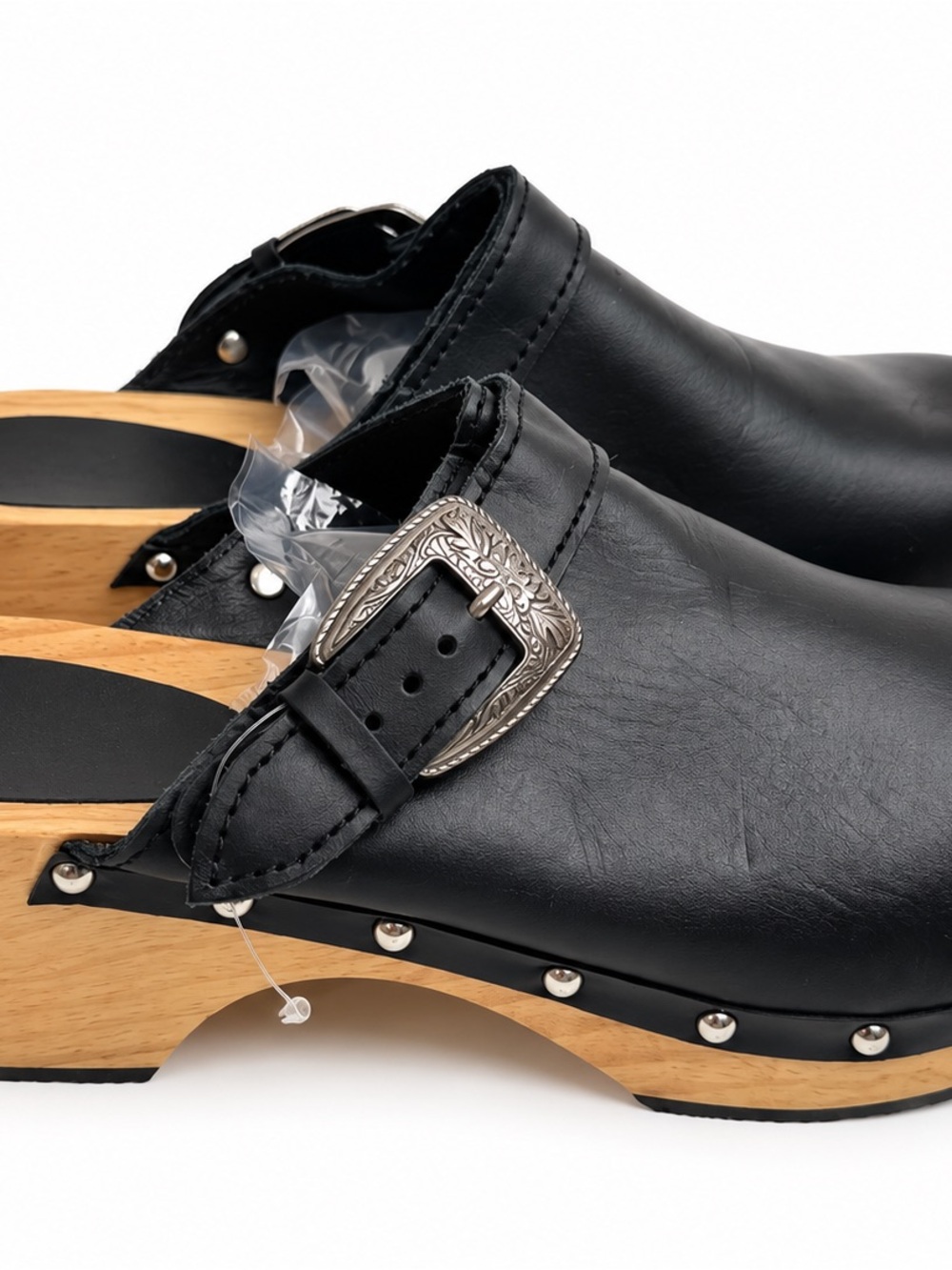 Maje Black Leather Platform Wood Clogs Studded Buckle NWOB 40 US 9.5 - Picture 3 of 11
